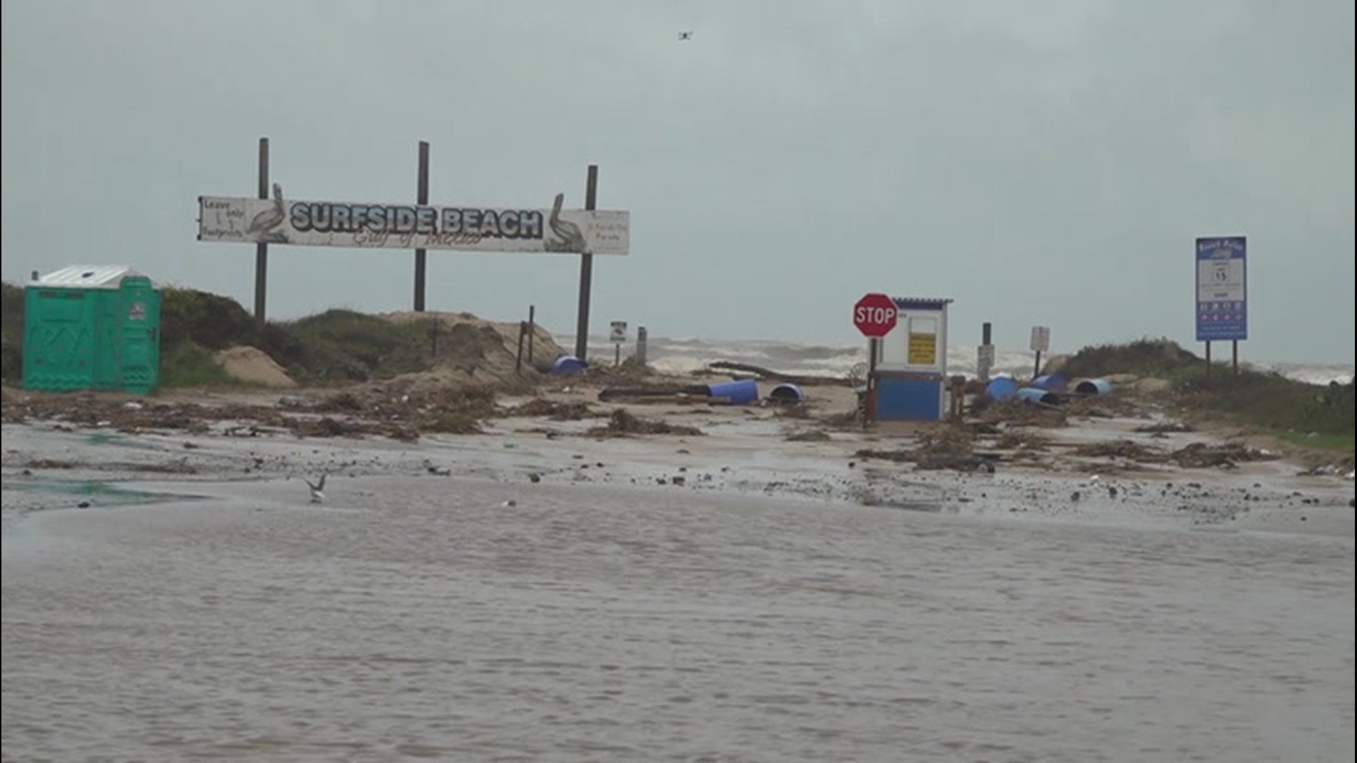 Storm surge from Beta has caused flooding and damage in Surfside Beach, Texas, as it approaches the coast.
