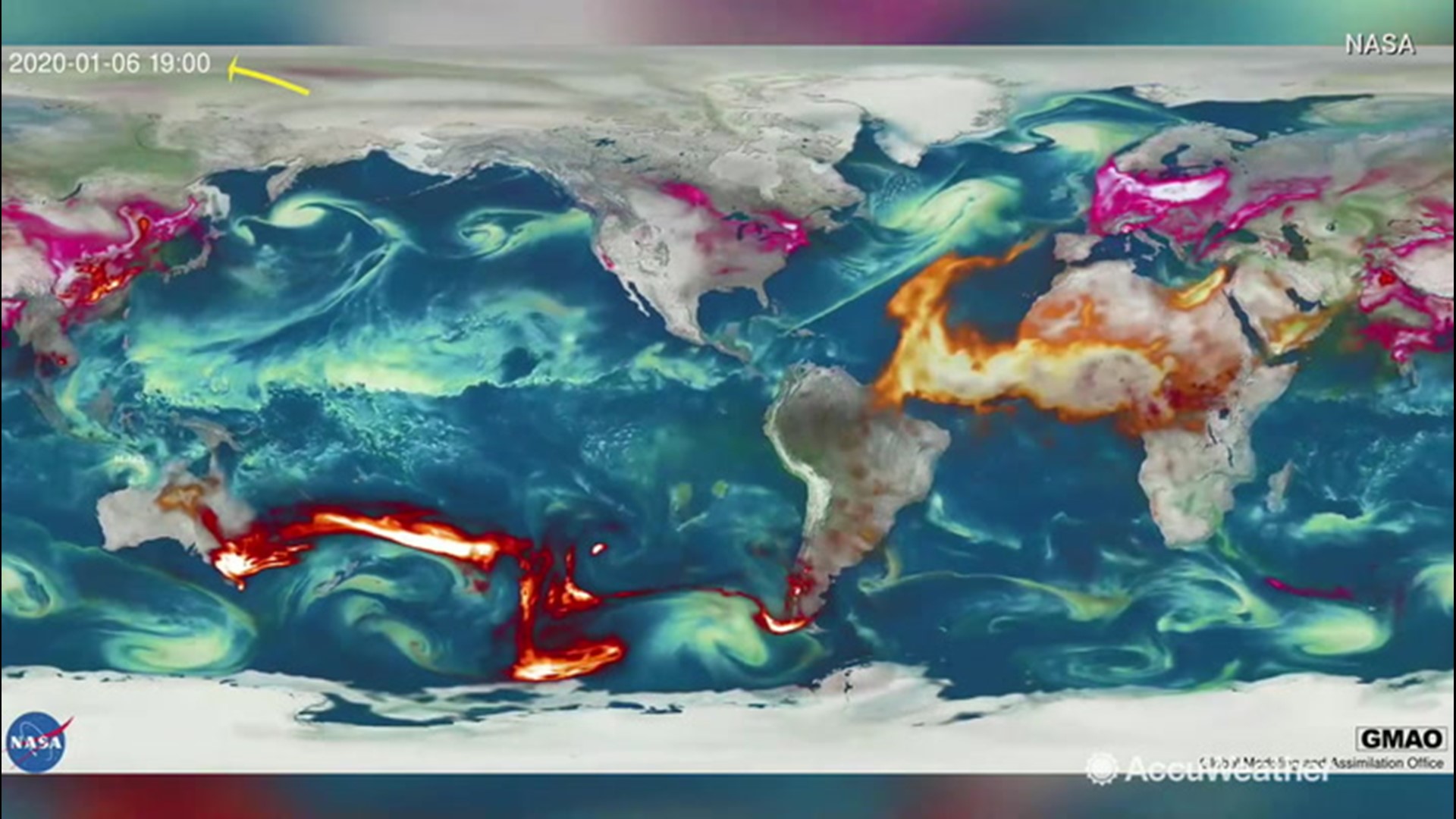 This mesmerizing animation shows several high-impact events between Aug. 2019 and Jan. 2020, including Hurricane Dorian and the Australia wildfires.