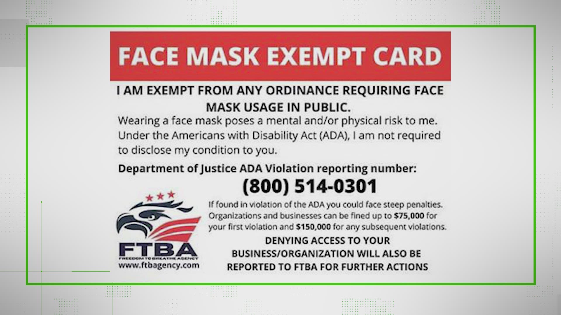 Viral claims say people who don't want to wear masks should carry a card that cites the DOJ and ADA. They're fake.