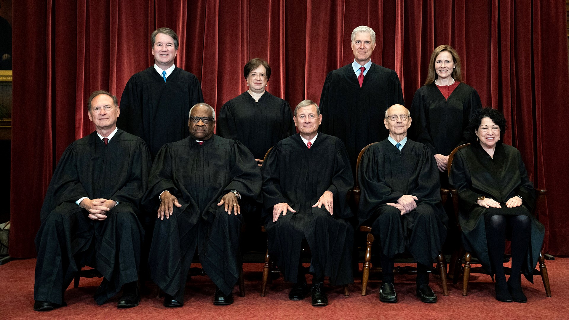 These are the nine justices on the U.S. Supreme Court, the highest court in the nation, as of April 23, 2021.