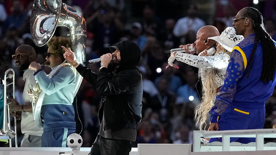 Hip Hop Halftime at Super Bowl: 50 Cent hangs upside down, Guyton