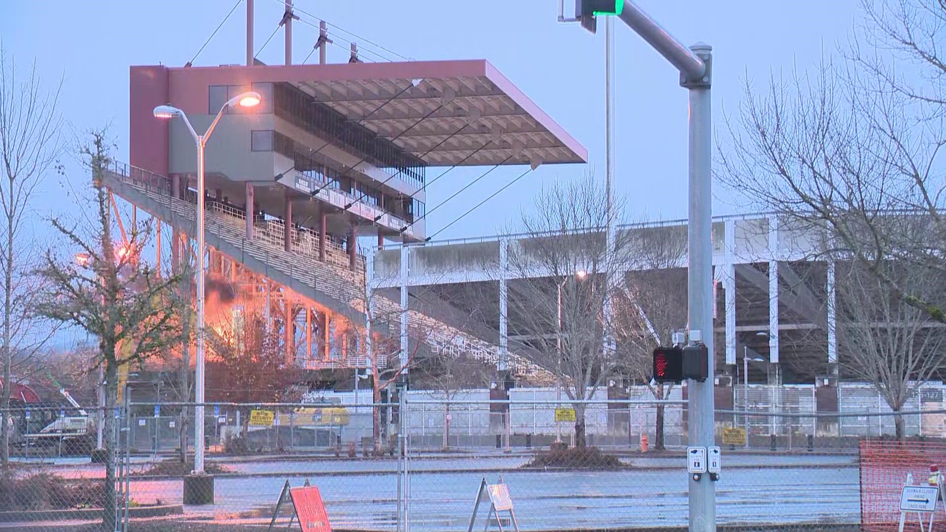 The west side of the Beavers' football stadium in Corvallis, Ore. was imploded Friday morning, Jan. 7, 2022, as part of a $153 million renovation project.