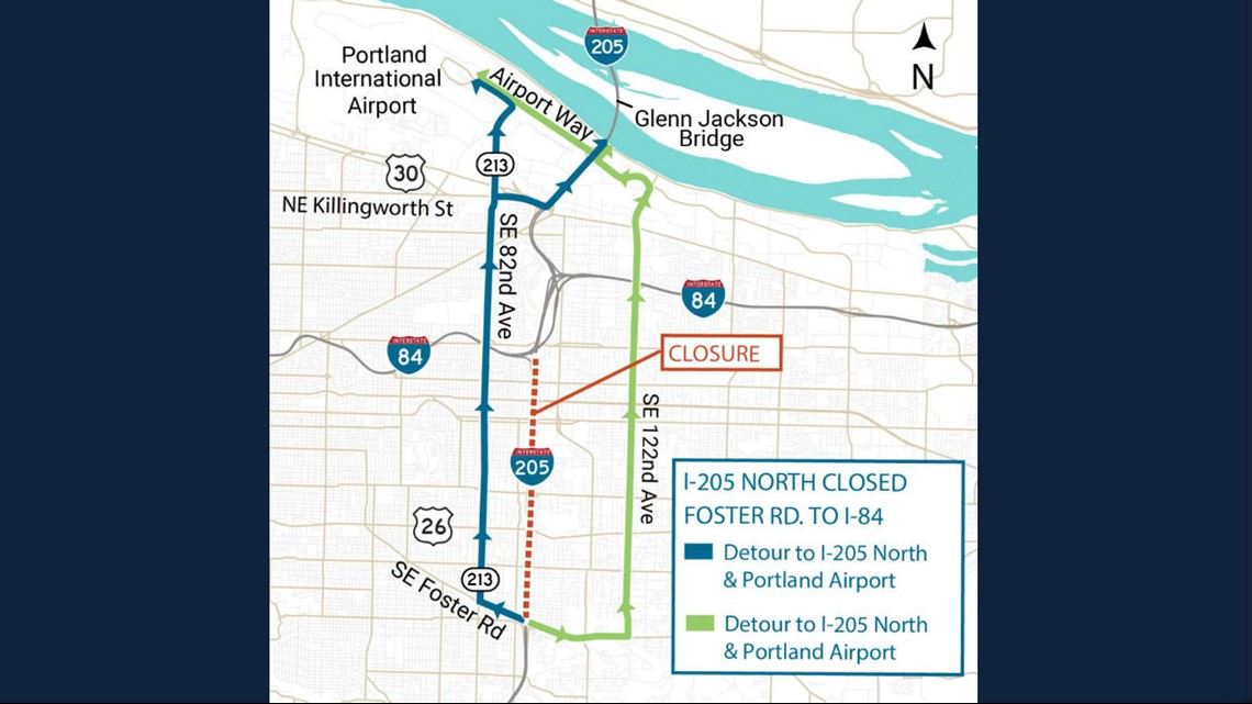 Where is northbound I205 closed in Portland Oregon this weekend?