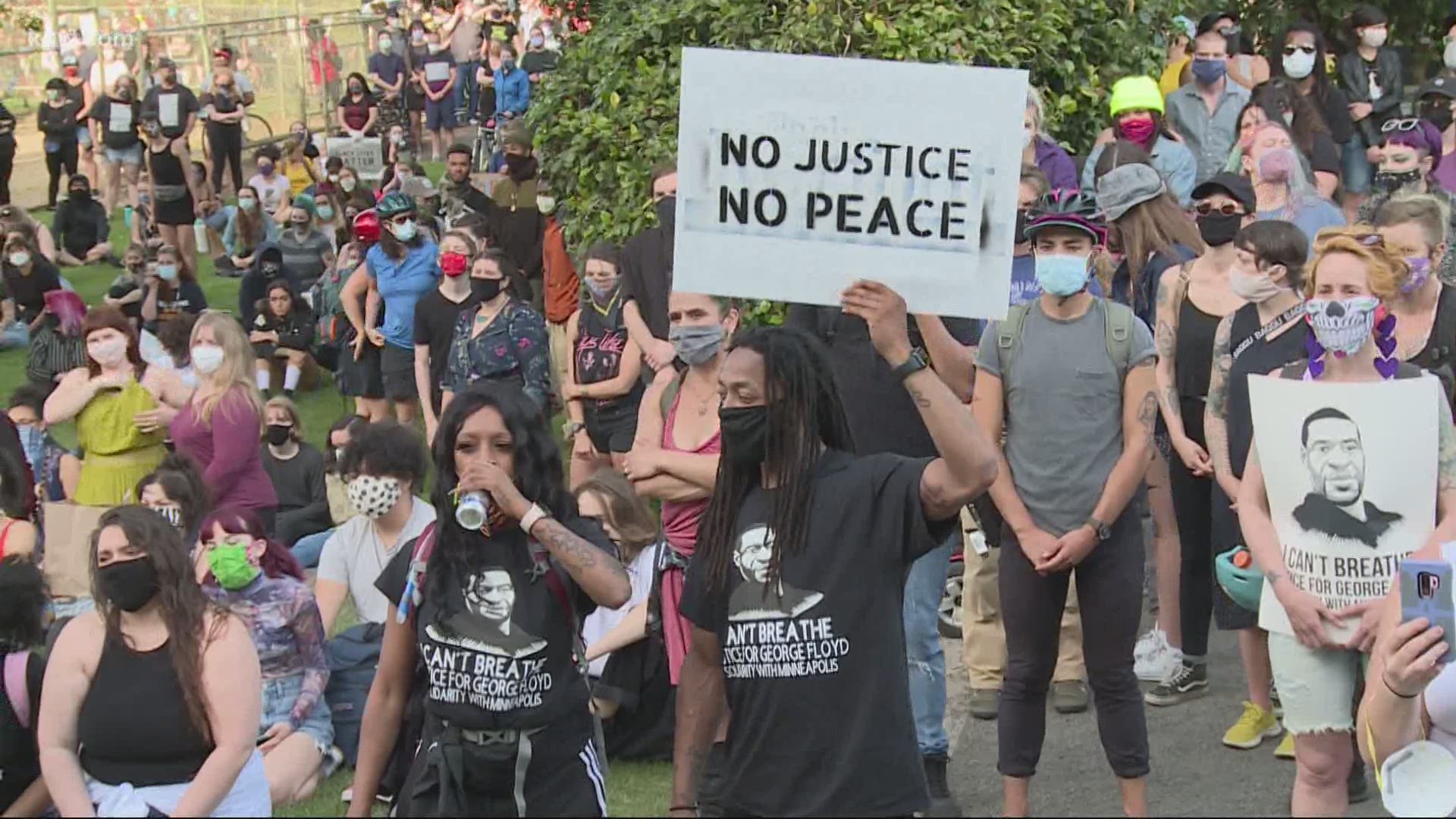 Demonstrators are marching through the streets of Portland in protest of the death of George Floyd.