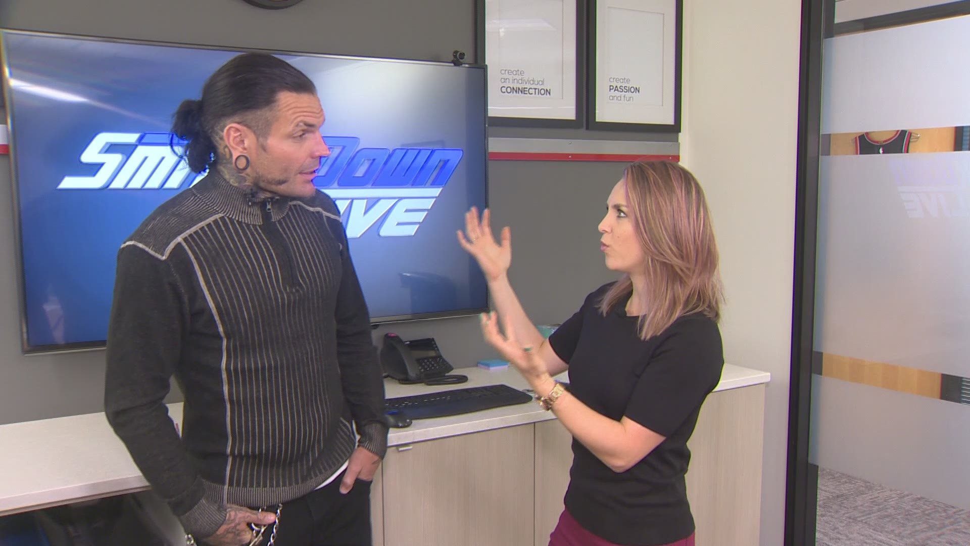 WWE Smackdown Live was in Portland at the Moda Center for one night only, so Cassidy Quinn got a mini conference room wrestling lesson from Jeff Hardy.