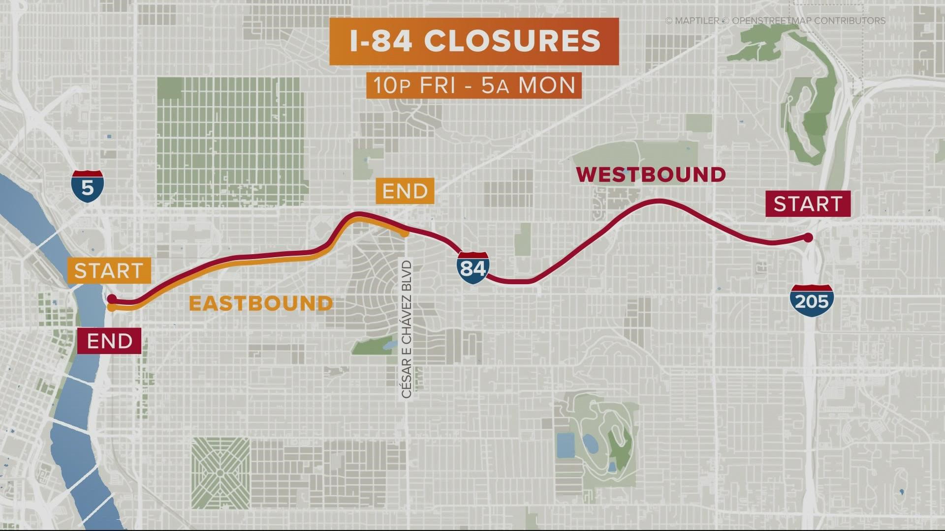 A stretch of I-84 will be closed in both directions, starting Friday night. And an improvement project near the Lloyd Center will disrupt MAX service.
