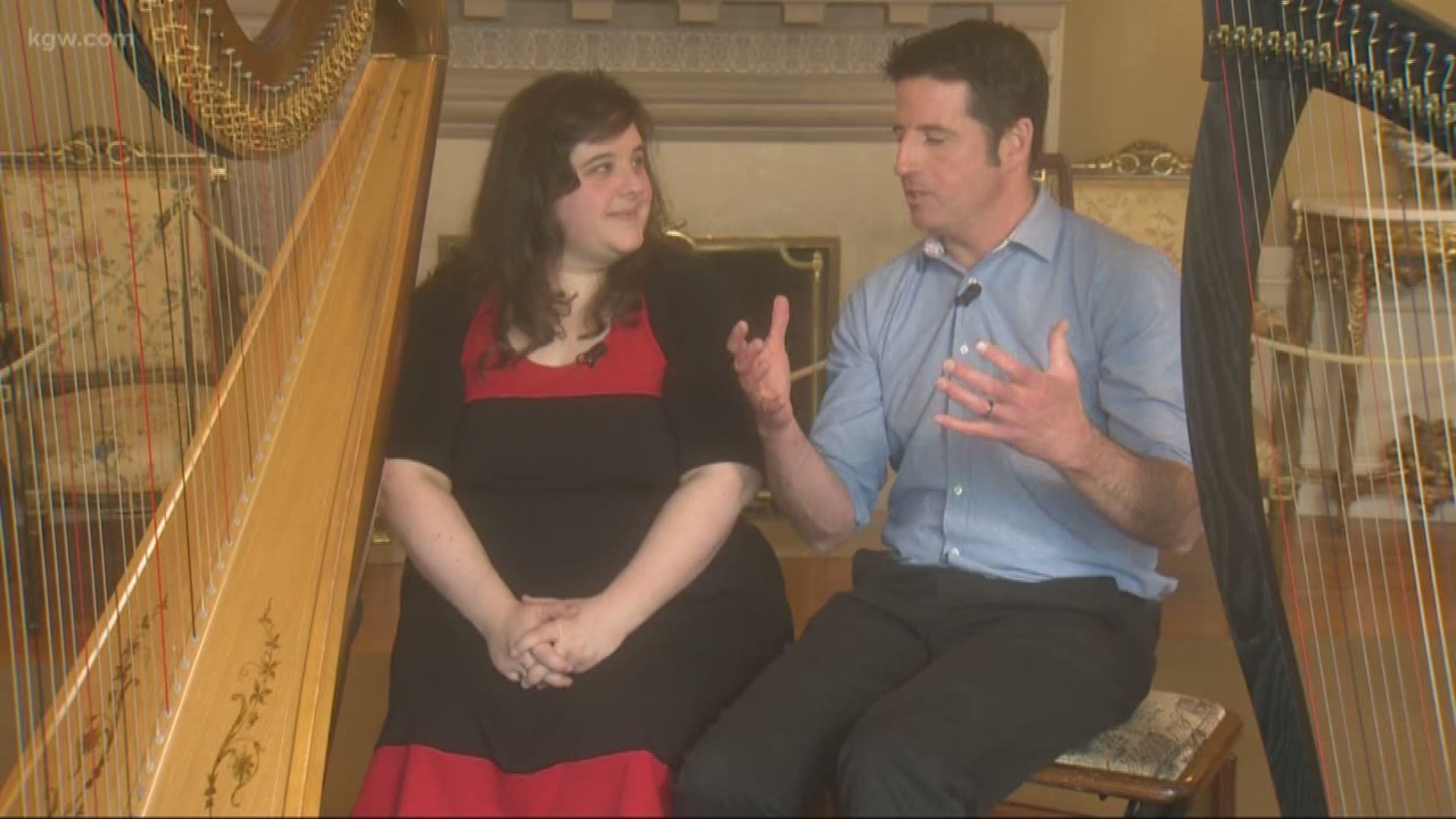 Drew Carney meets Portland harpist Misty Williams at historic Pittock Mansion.
