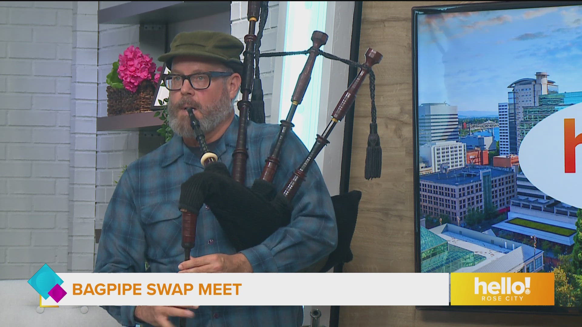 John Goff, known as the Cascadia Bagpiper, also plays his pipes for us