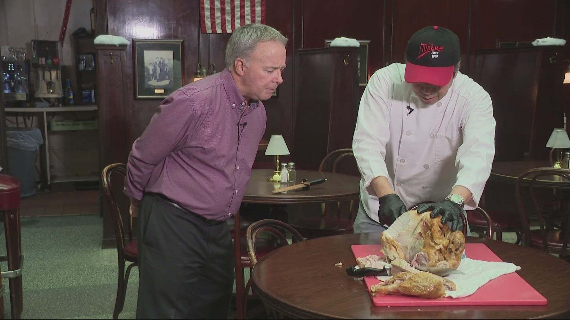 With Thanksgiving almost here, KGW meteorologist Rod Hill learned how to properly carve a turkey at Huber's Cafe, Portland's oldest continually operating restaurant.