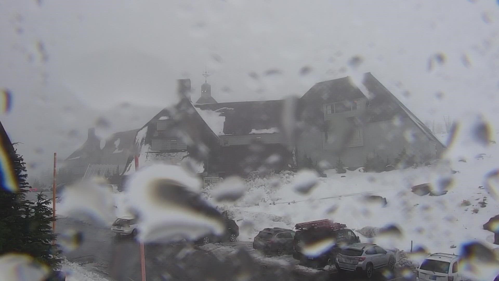 Video from webcams at Timberline Lodge and on U.S. 26 in Government Camp, Ore. shows the rain coming down, on Friday, Nov. 4, 2022.