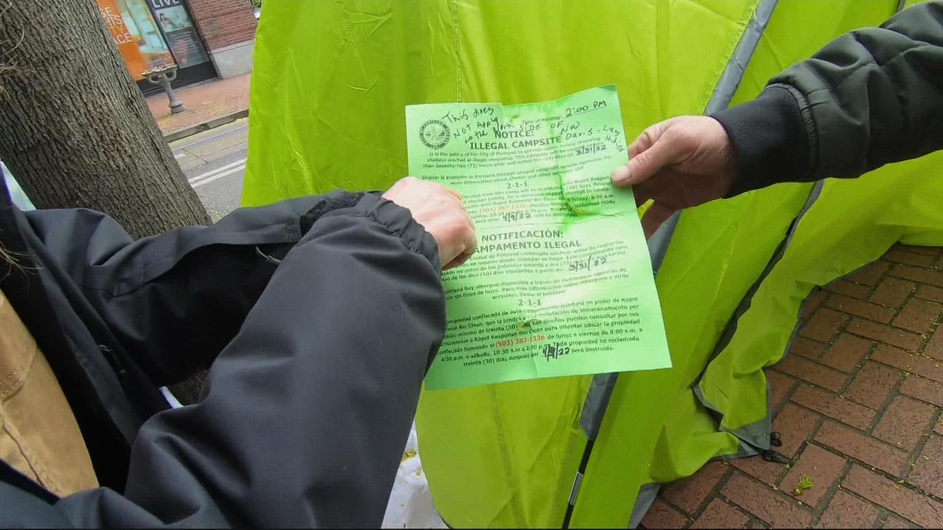 Advocates put tents up over the weekend to protest city sweeps. The city has posted notice it will clear the area within the week.