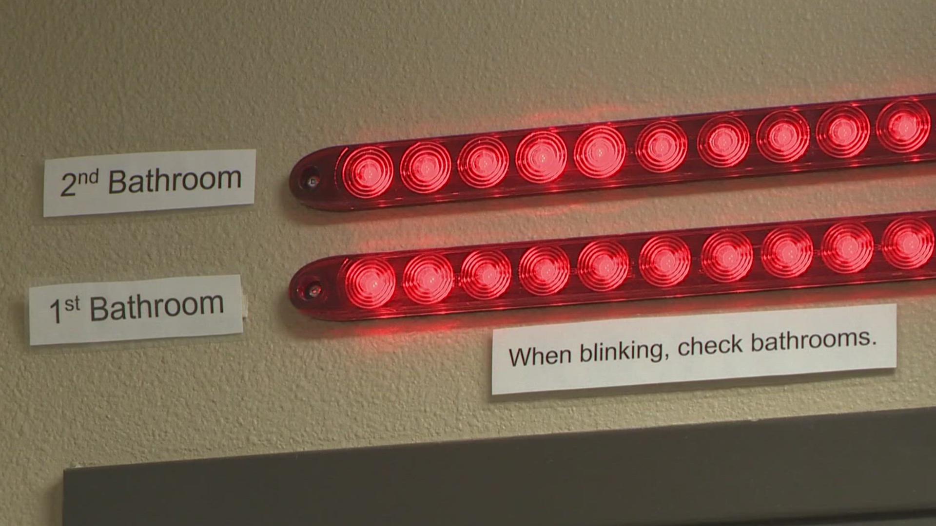 Portland Rescue Mission puts sensors on their bathroom doors; a red flashing light alerts staff when someone has been locked inside for ten minutes.