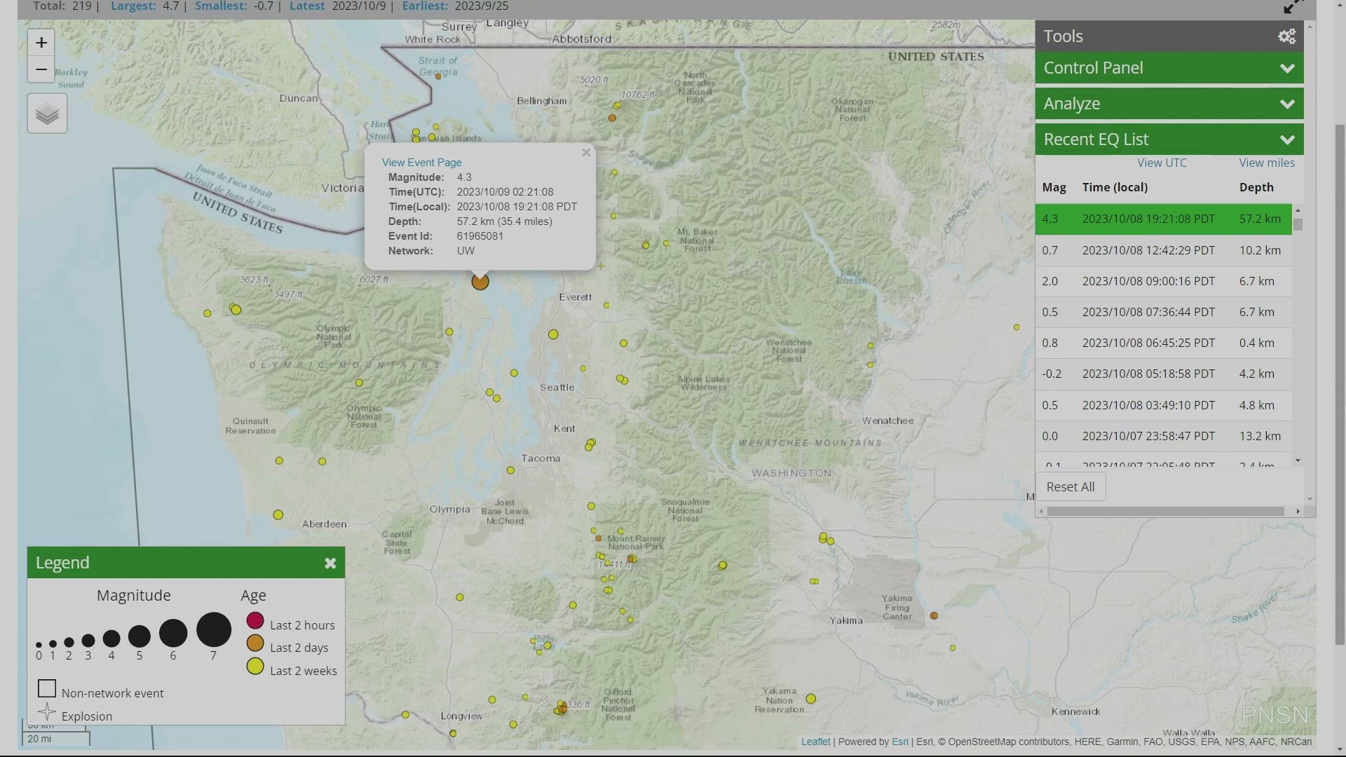 The earthquake started just after 7:20 p.m. on Sunday and was felt as far north as Vancouver, B.C. and as far south as Olympia