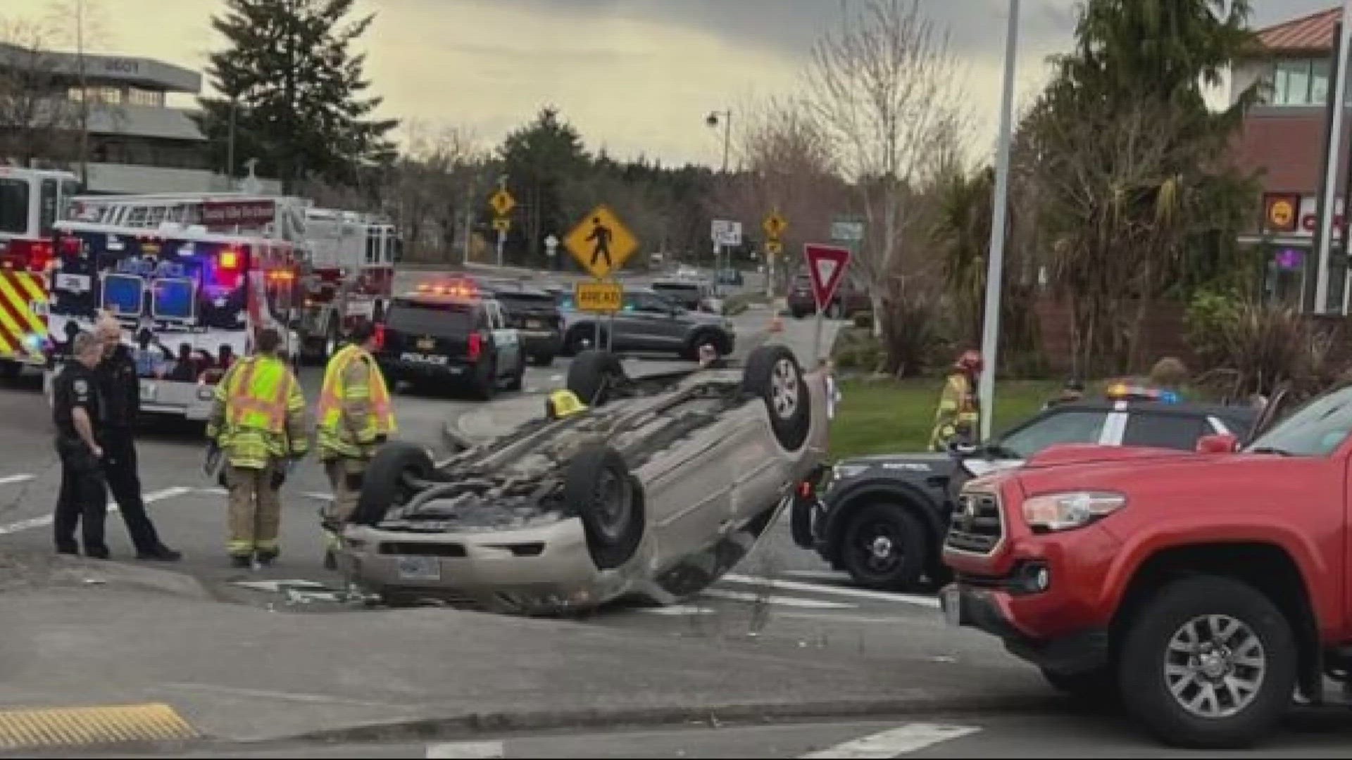 Nobody was injured in the crash in Beaverton, but one car was overturned. Two teenagers who were passing by helped pull a baby out of the backseat.
