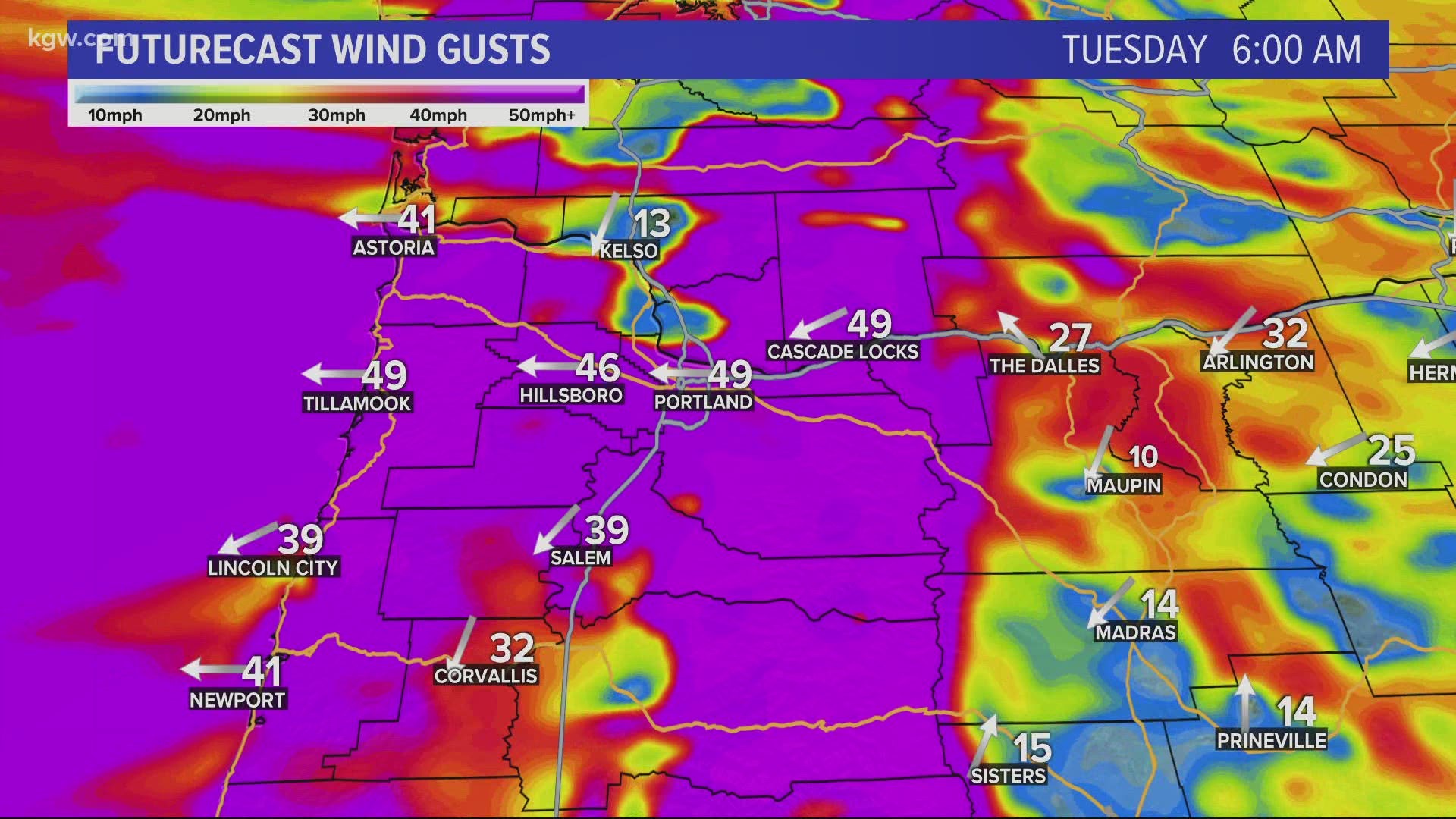 A High Wind Warning is in effect until 1 p.m. Tuesday. Winds in Portland picked up just before 5 p.m., bringing wildfire smoke from the east.