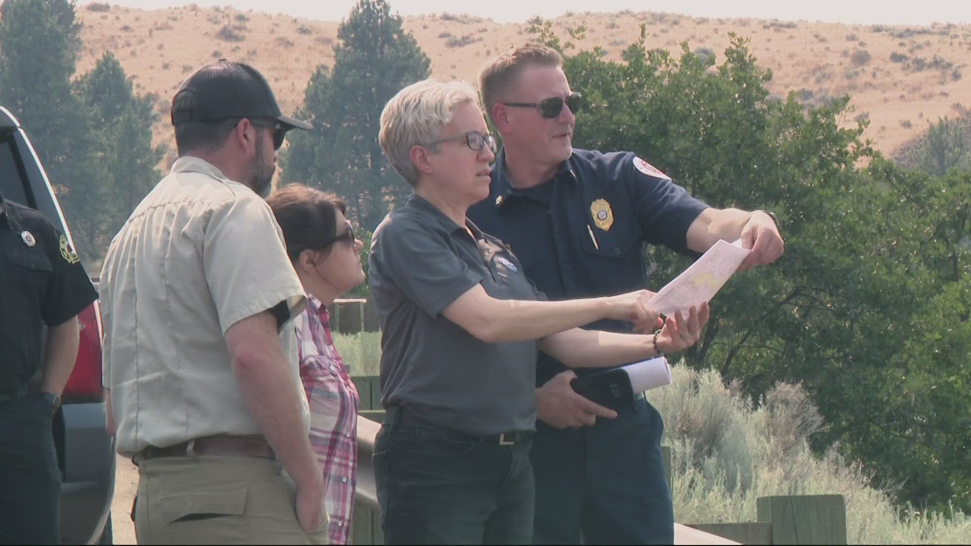 Gov. Tina Kotek surveyed the damage caused by the Larch Creek Fire, which has burned 18,000 acres in Wasco County.