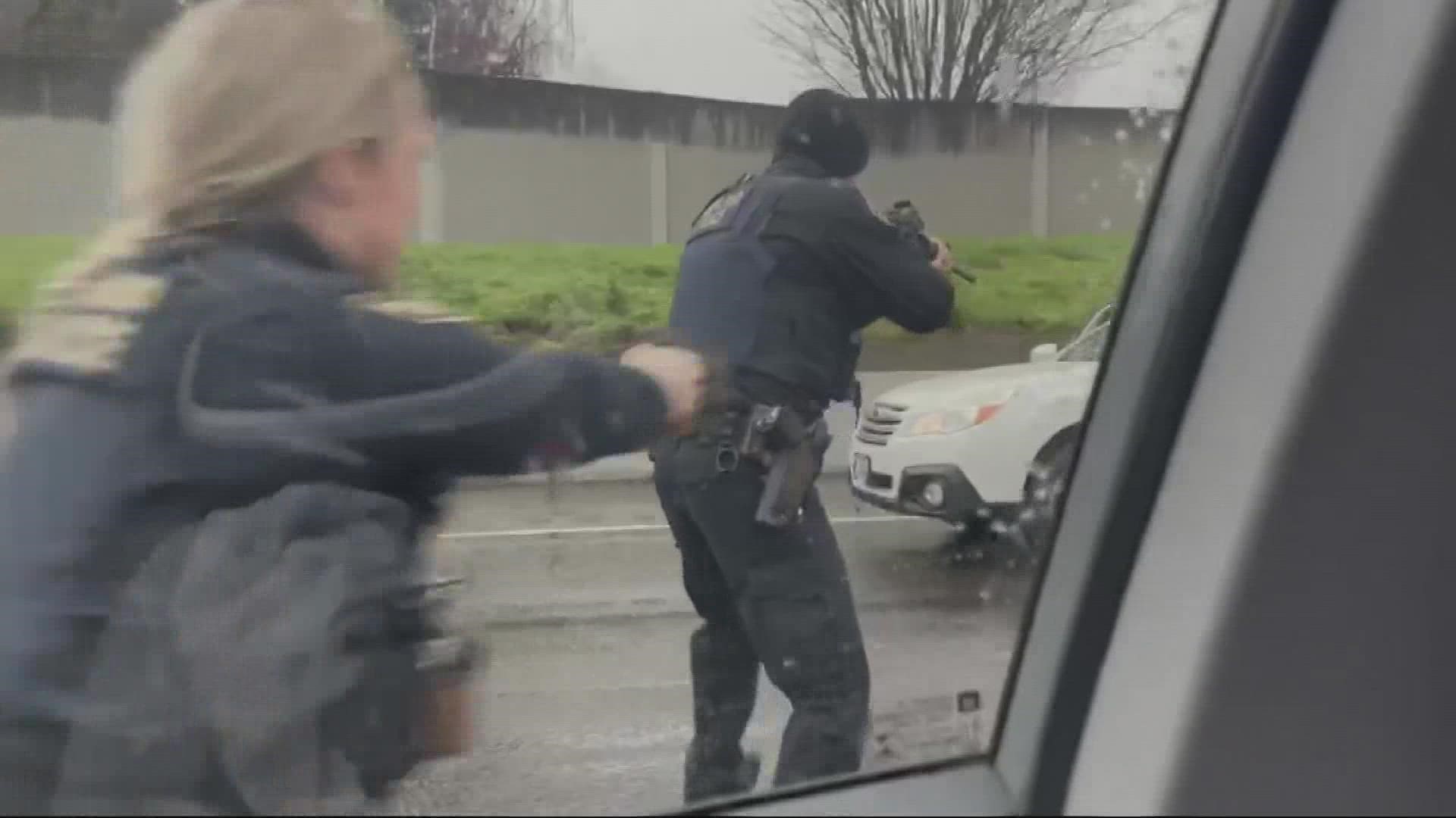 Police shot and killed an armed carjacking suspect who allegedly shot another person on I-5 Monday morning. KGW's Alma McCarty spoke to a witness of the incident.