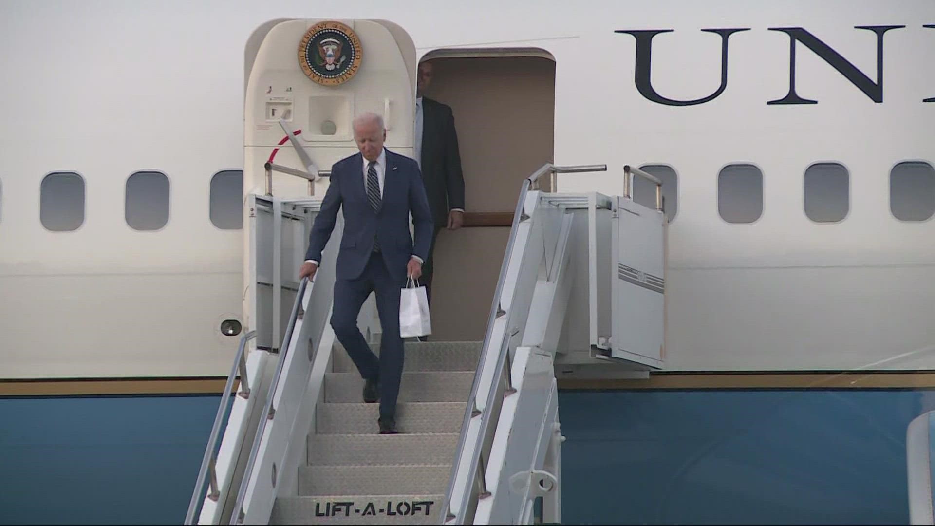 President Joe Biden arrives at Portland International Airport on Friday.