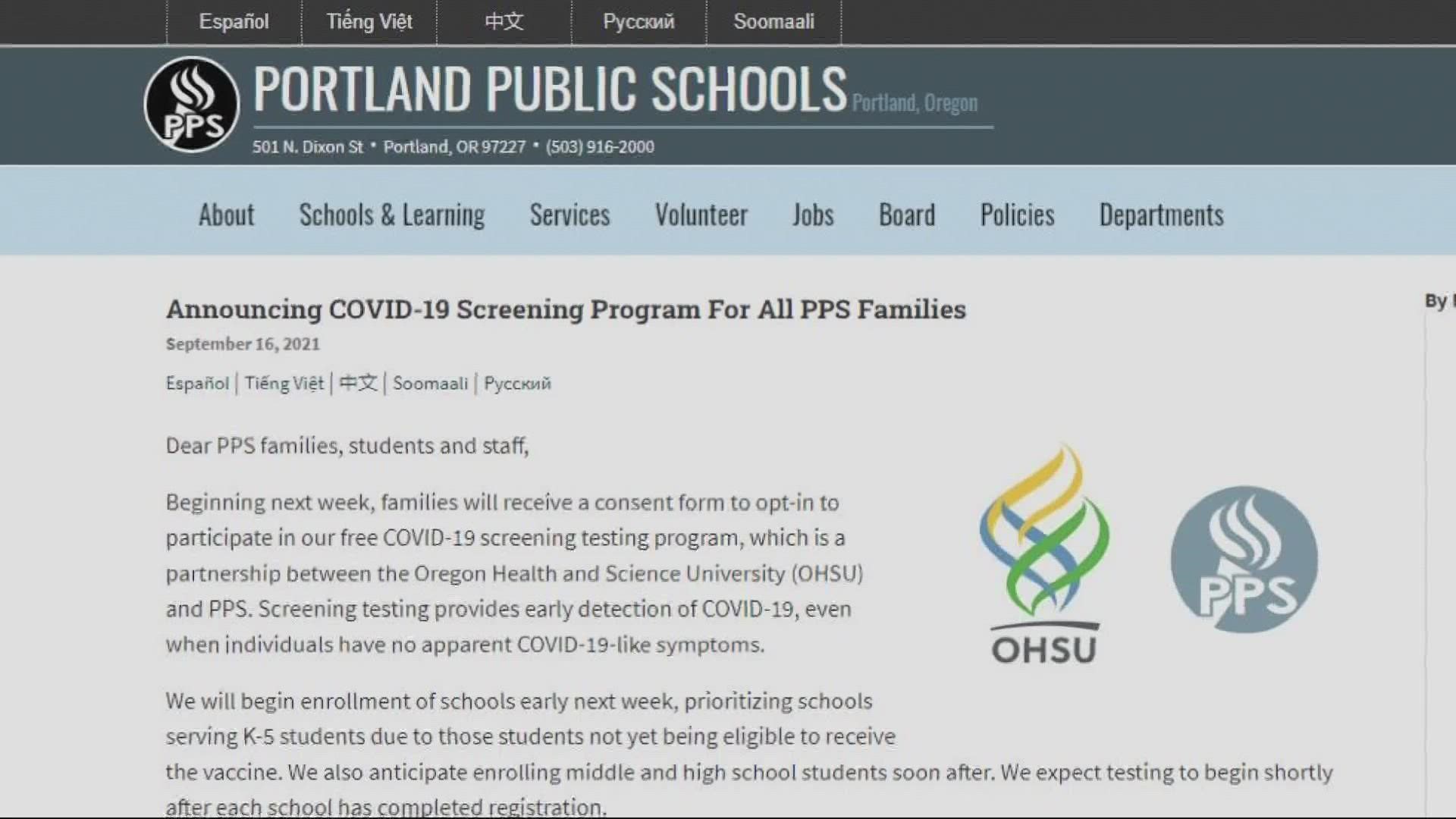 Starting this week, Portland parents will be able to opt in to free COVID-19 screening for their students.