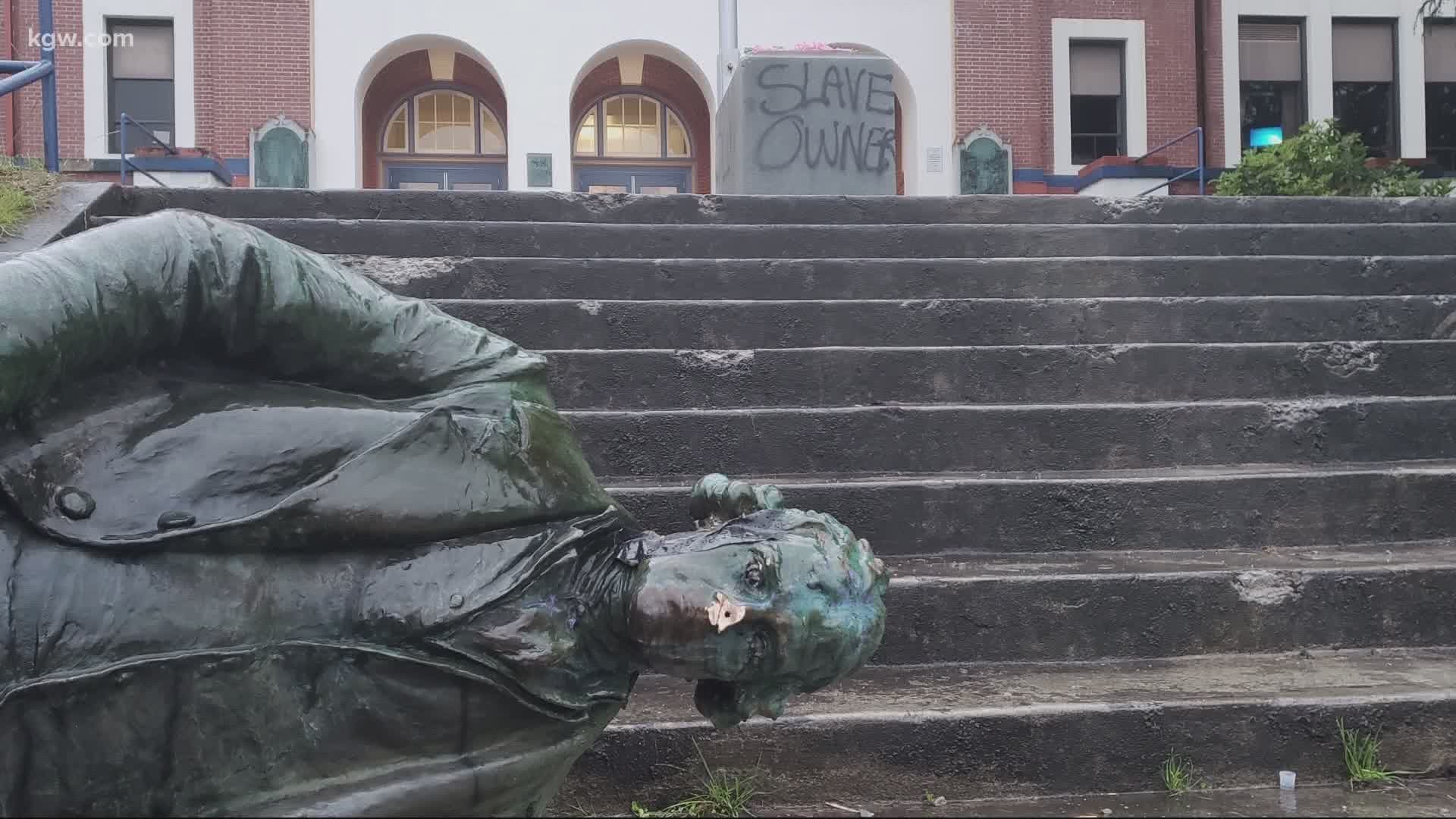 As part of weekend protests some statues in Oregon were knocked off pedestals. The most famous of them stood for more than a century at a Portland school.