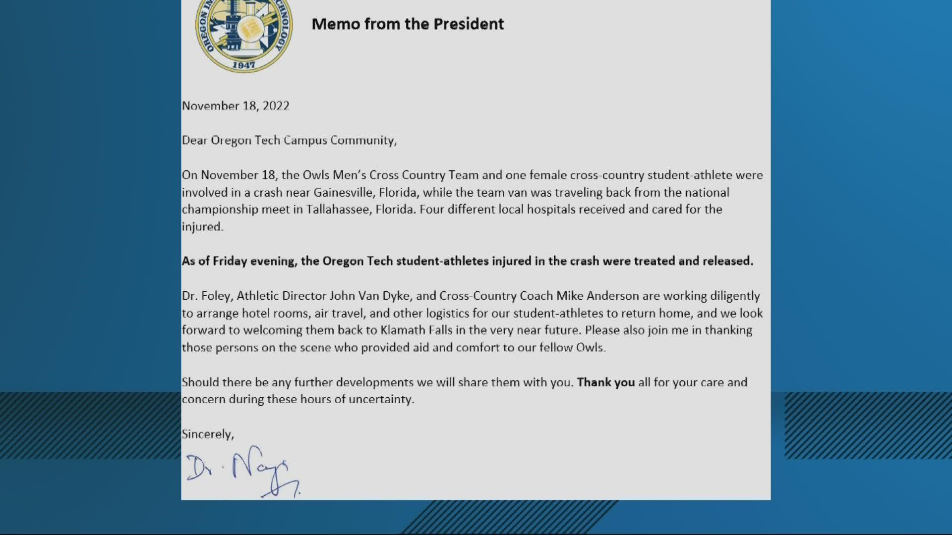 Student-athletes injured in the crash have been treated and released as of Friday evening, according to OIT's president.