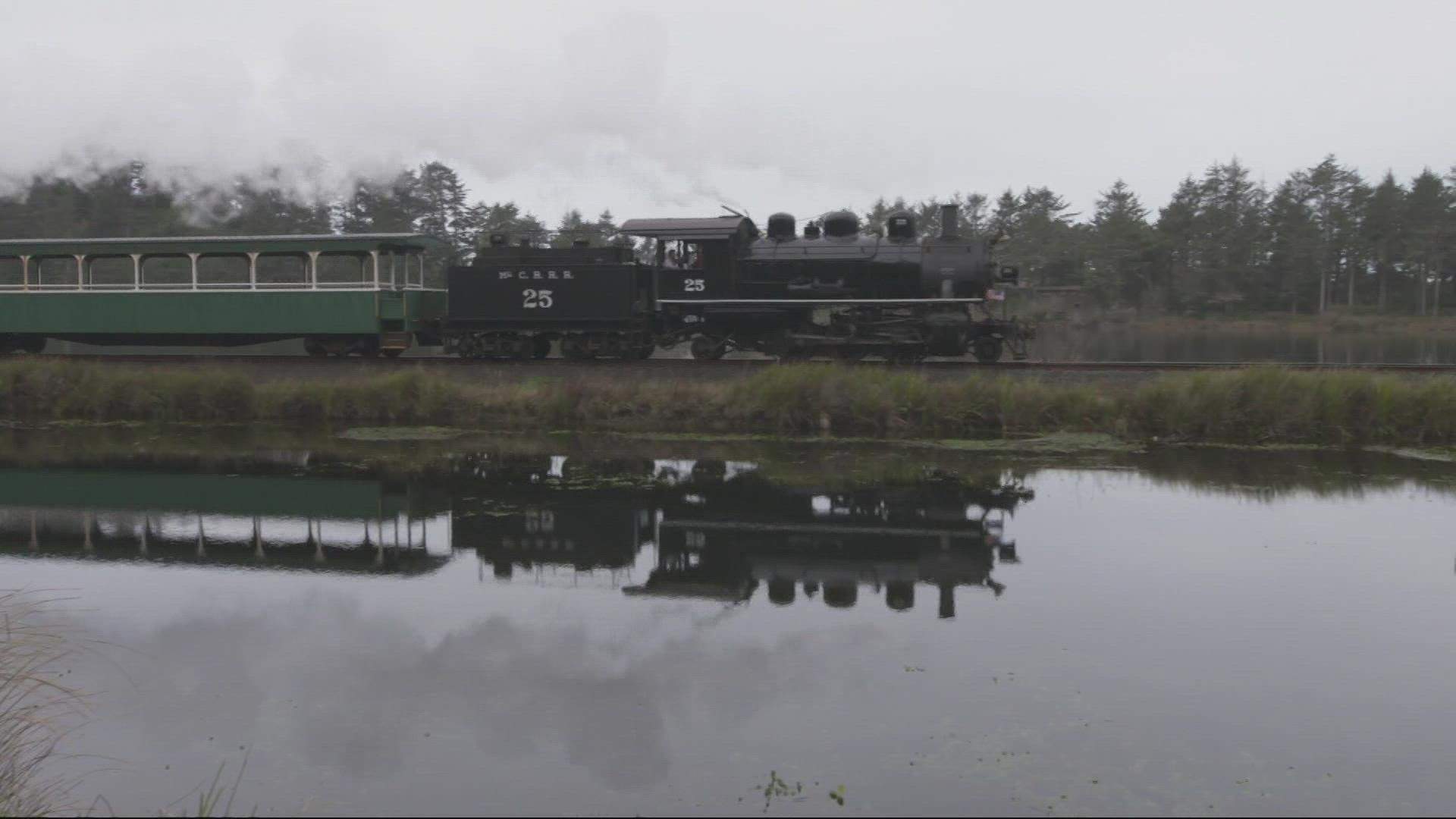 The Candy Cane Express, owned and operated by the Oregon Coast Scenic Railroad, takes on passengers at the Garibaldi Depot three times each Saturday and Sunday.