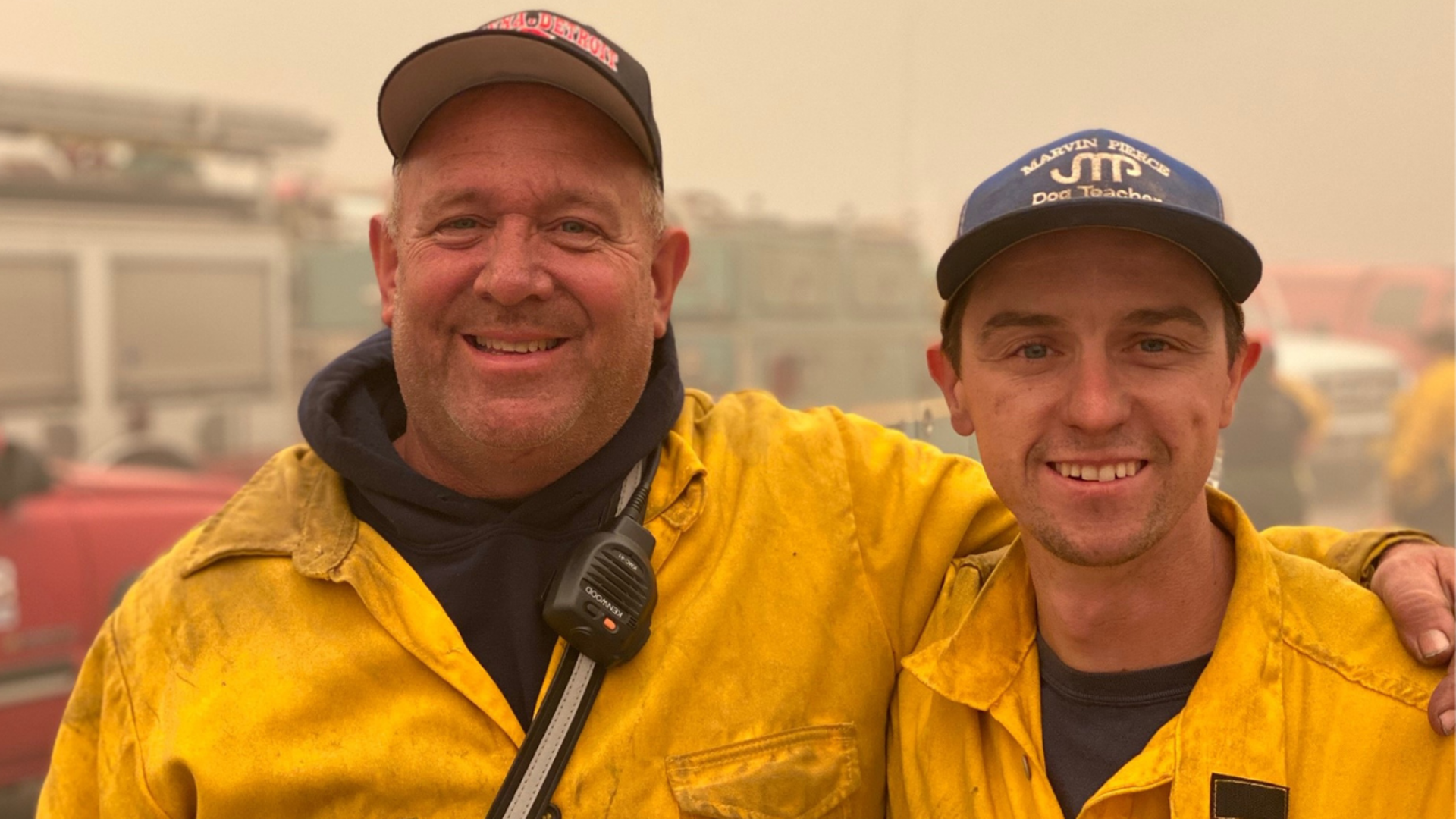 Retired volunteer firefighter Brian Love and his son-in-law Joshua Reese dropped everything to help fight the Beachie Creek fire in the town of Detroit, OR.