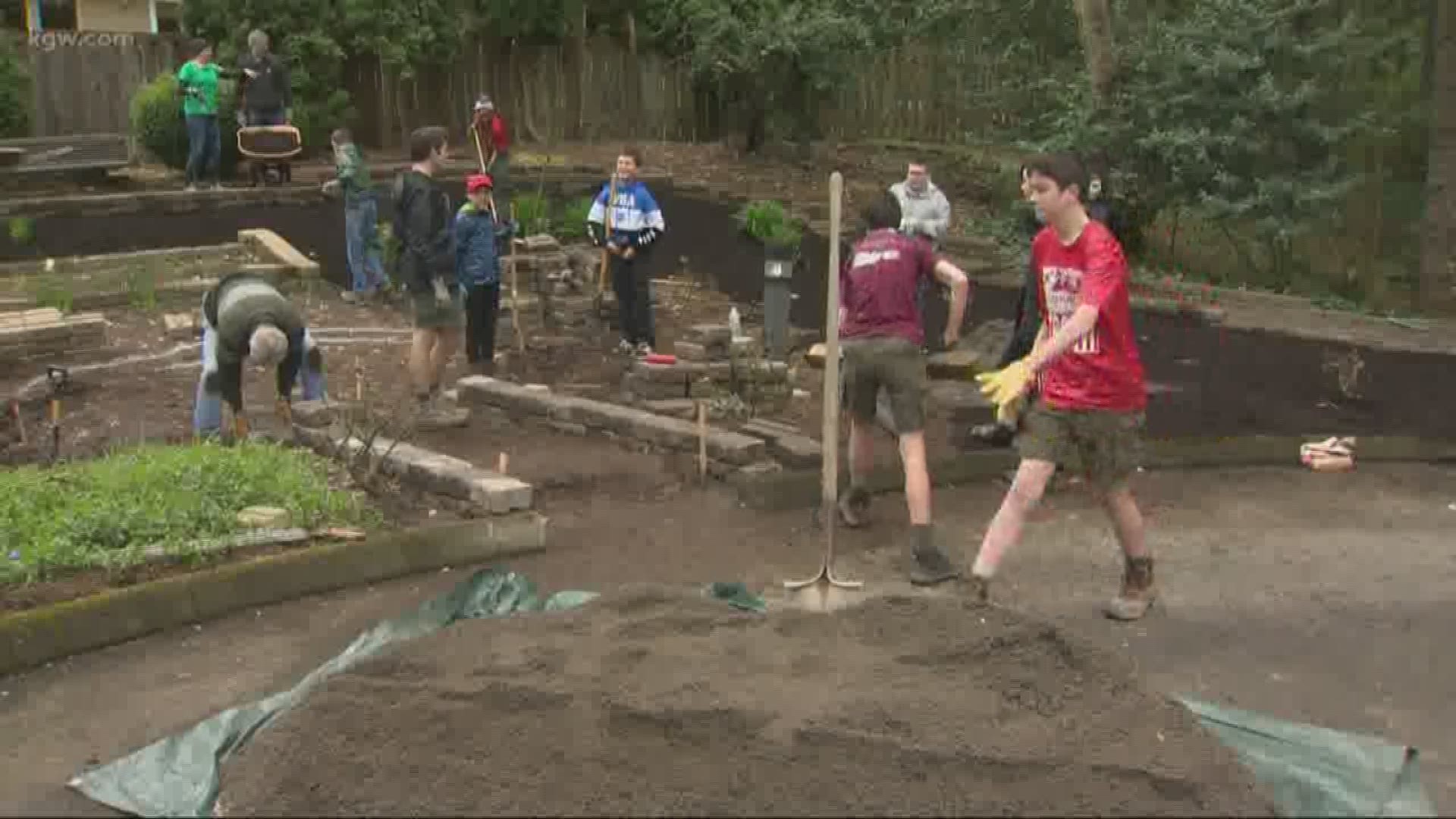 A local all-girl troop joined an all-boy troop to help on an Eagle Scout project Saturday in Tualatin.