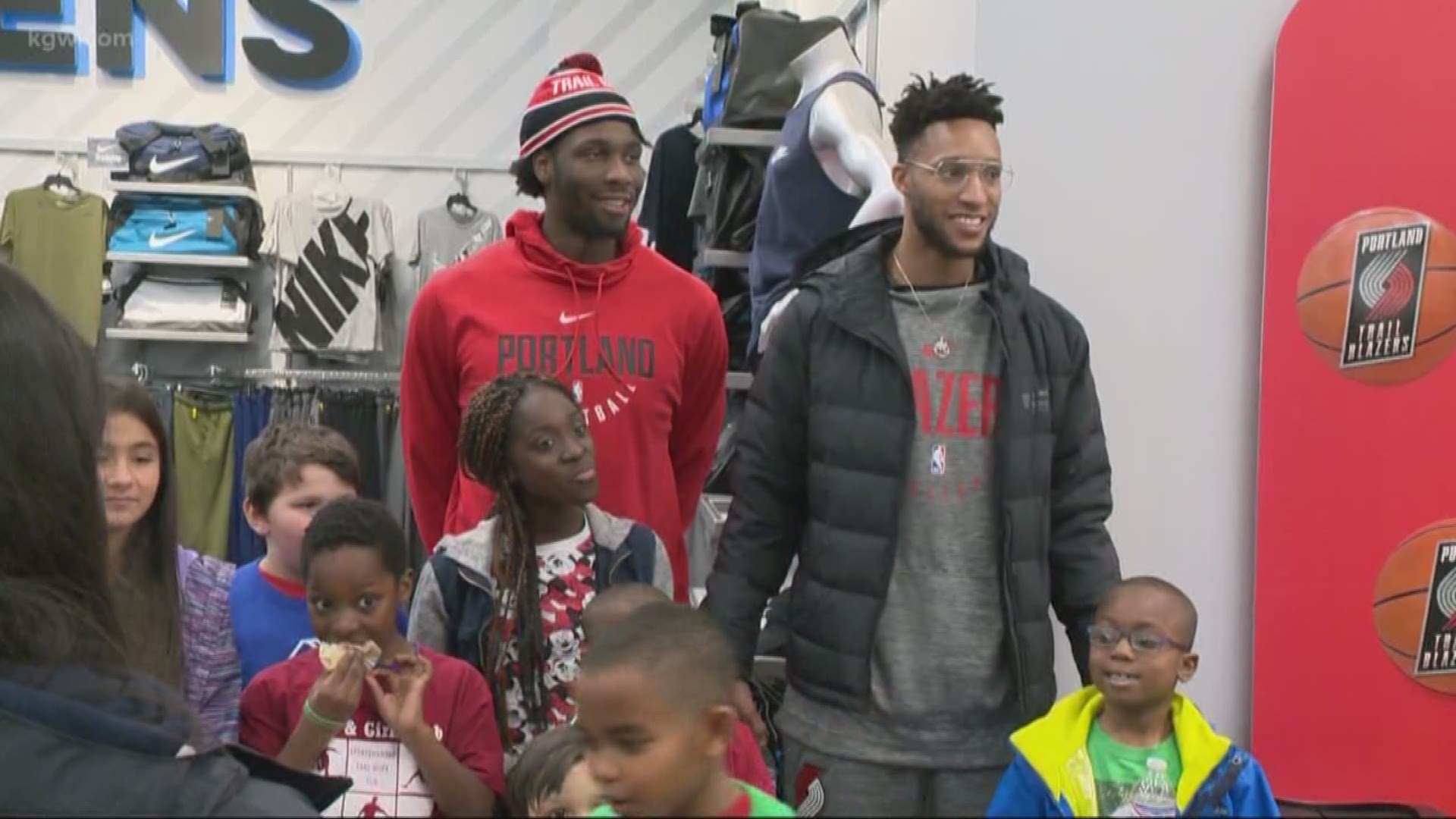 Trail Blazers players Evan Turner and Caleb Swanigan were out meeting fans Sunday at a Fred Meyer in Southwest Portland.