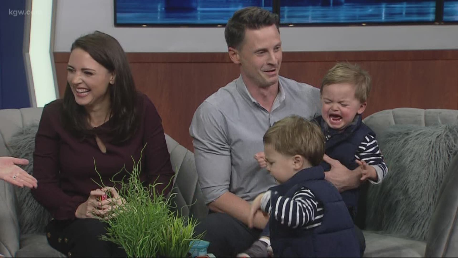 It was supposed to go like this. It's been twins week on KGW. Let's end it with new KGW anchor Dan Haggerty and his wife, investigative reporter Cristine Severance, bringing their adorable sons Will and Miles onto the set. What happens next is a bit cring