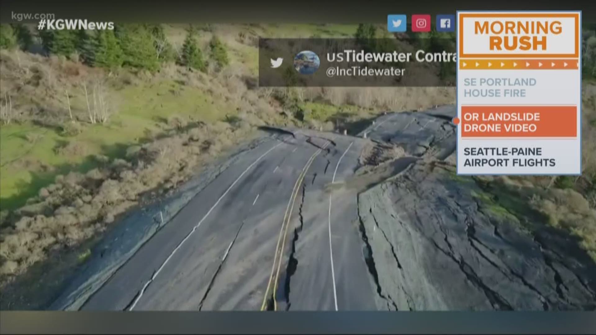 A section of Highway 101 near Brookings, Ore. has been destroyed due to a landslide. A drone video from US Tidewater Contractors shows the damage left behind, as the landslide cracked to road and moved it, at one point sliding at a rate of 2 feet per hour.