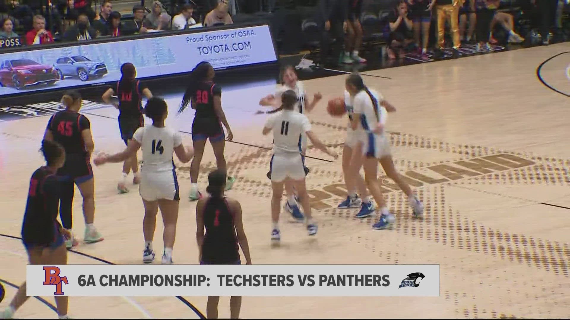 The South Medford Panther faced the Benson High School in the 6A high school basketball championship at the Chiles Center. Final score: 48 to 38.