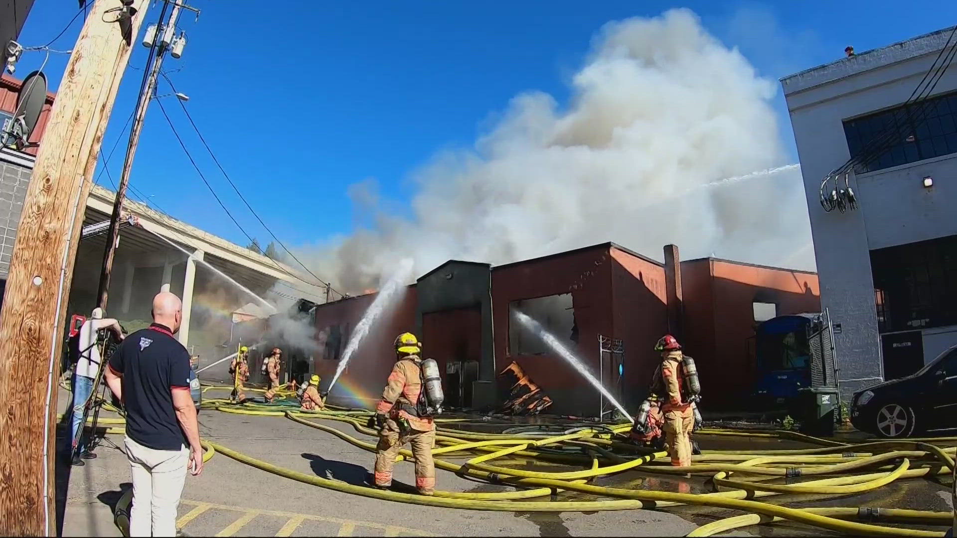 Portland Fire & Rescue responded Monday afternoon after a fire broke out at a warehouse on the east side of the Willamette River, just inside Interstate 5.