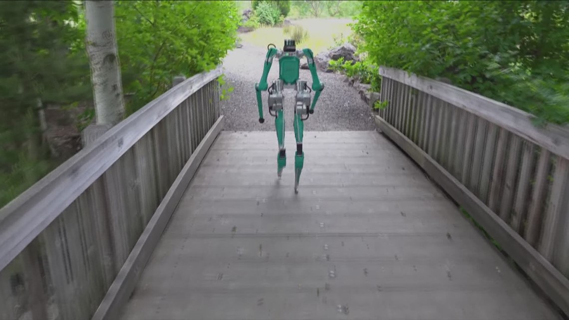 Oregon-made walking, humanoid robot testing package delivery from curb to your doorstep