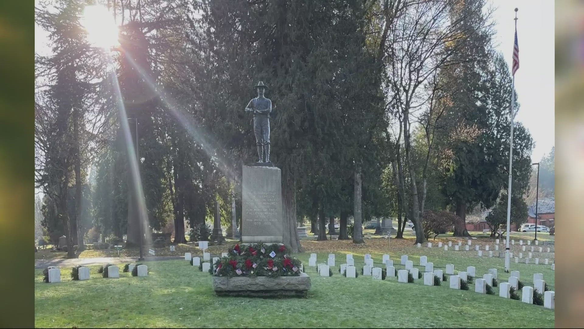 The Historic River View Cemetery say the Spanish War Monument's soldier vanished over the Thanksgiving holiday.
