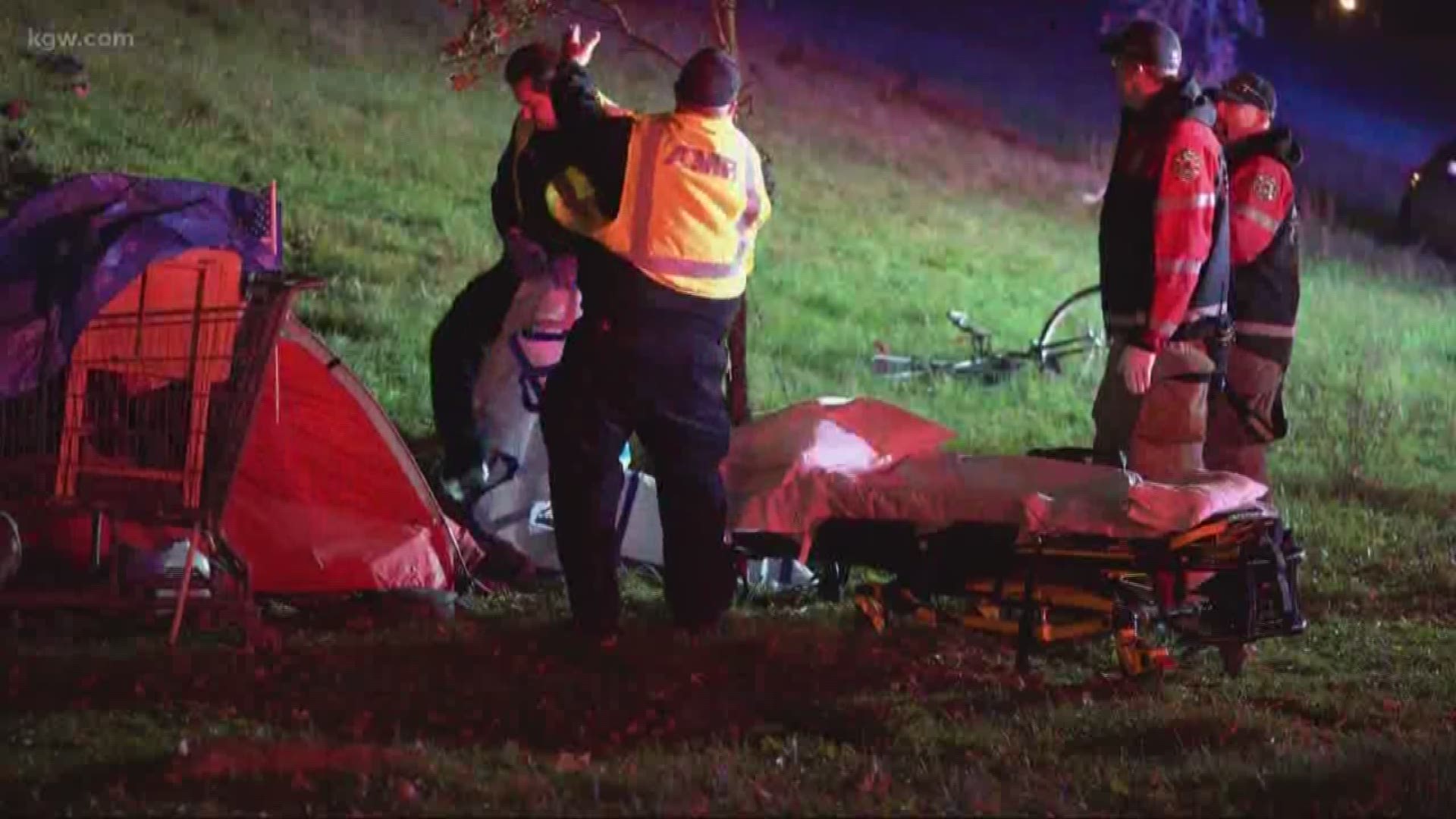 A woman sleeping in a tent had her legs crushed after she was hit by a driver in Portland Saturday morning. Two other people in the tent were not hurt.