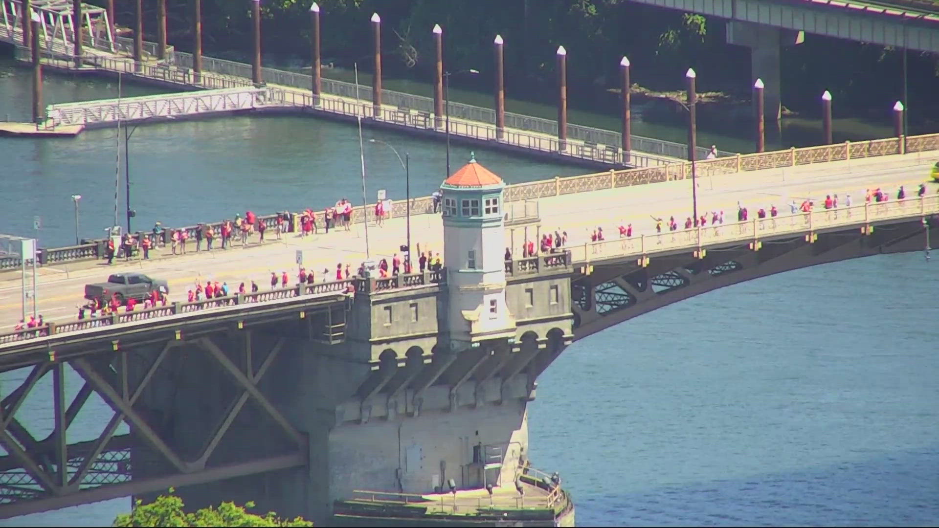 The strike in Portland was part of nationwide events marking two years since the Supreme Court’s decision to overturn Roe v. Wade. Bridge traffic was not disrupted.