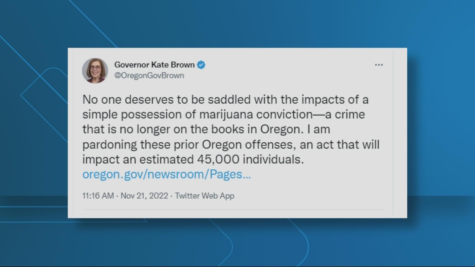 The pardon comes about six weeks after President Joe Biden issued a similar federal-level pardon. The Oregon order also vacates about $14 million in fines.