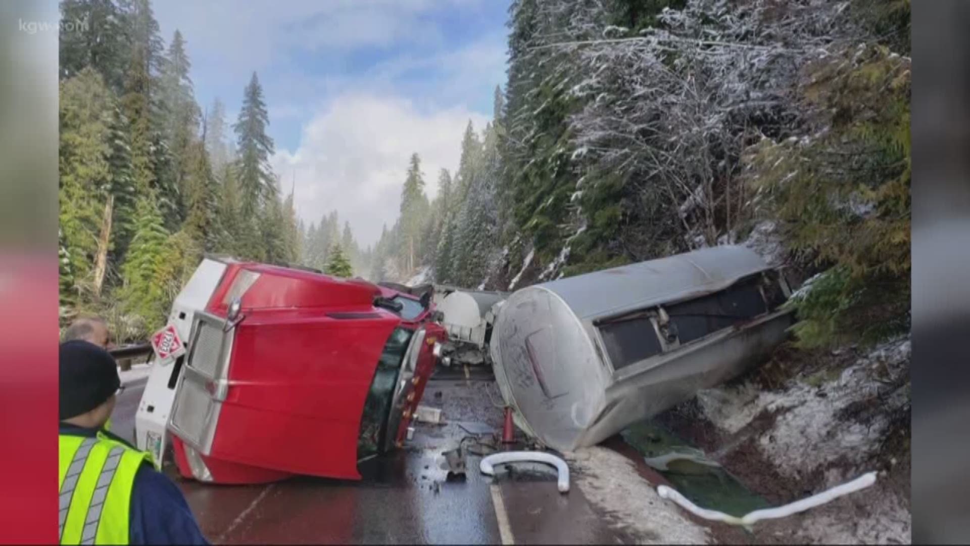 Part of Highway 22 in Oregon remains closed this morning after a semi, hauling double tankers of fuel, overturned Sunday morning, 8 miles east of Idanha.