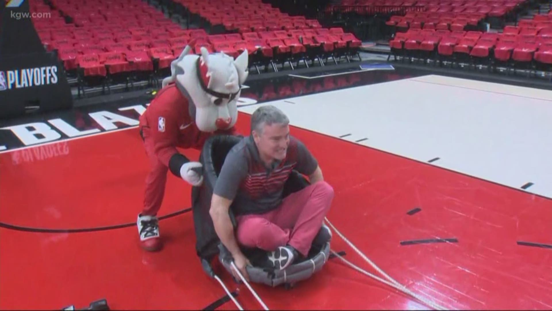 The Blazers play the Thunder in Game 2 of their first round playoffs. KGW reporter Tim Gordon experienced one of the iconic stunts fans see during the game