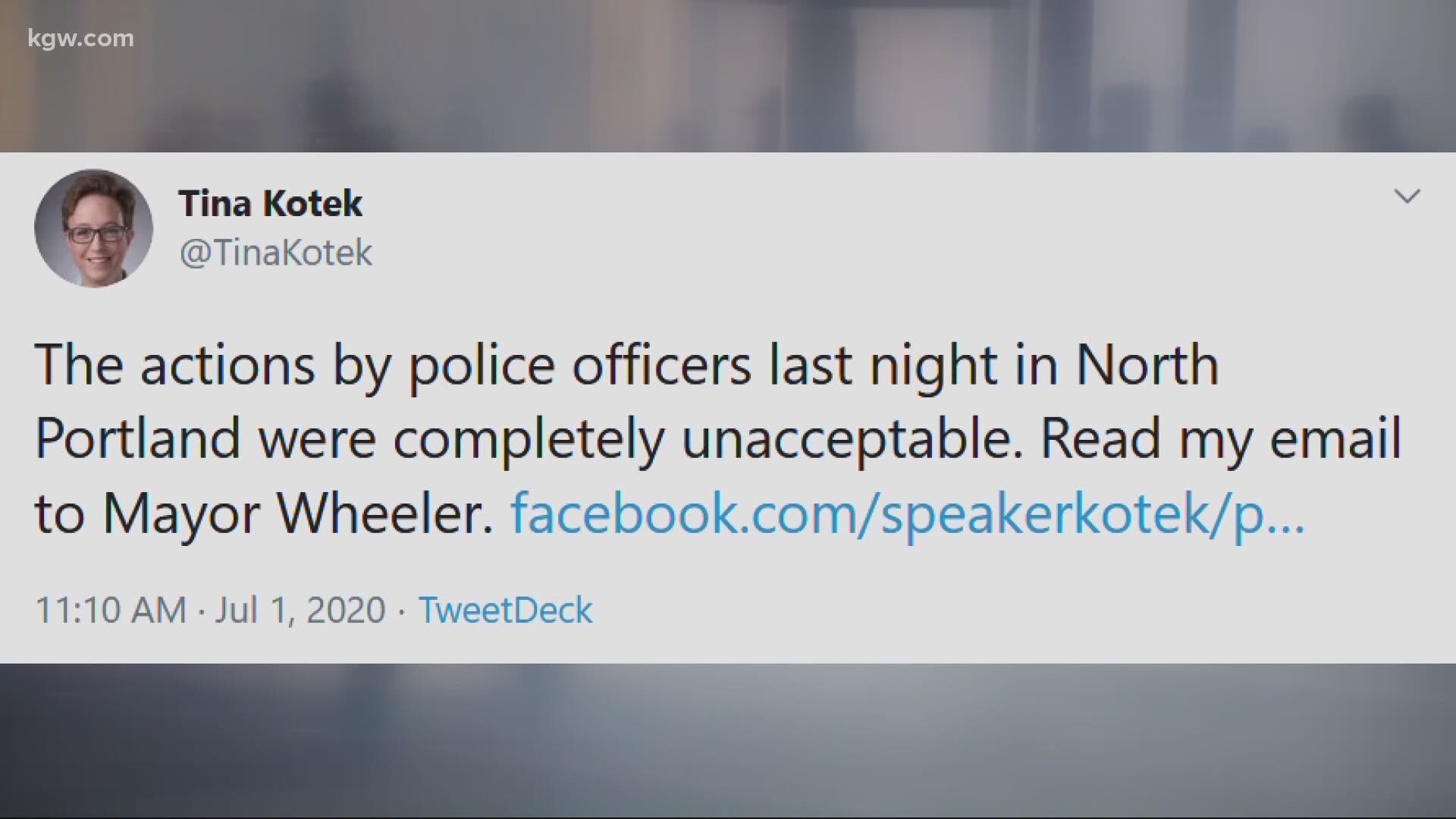 Oregon House Speaker Tina Kotek called the Portland police response “unacceptable” after officers used tear gas to clear demonstrators.