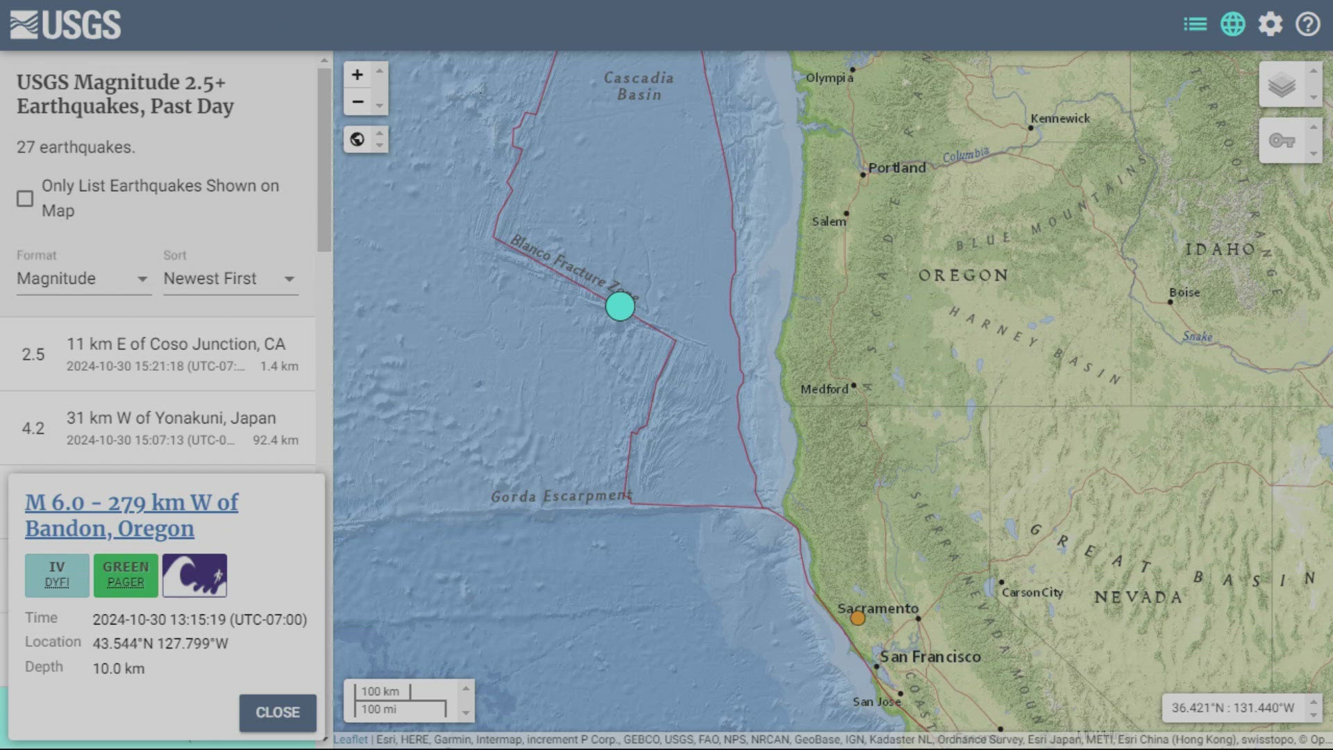 A 6.0-magnitude earthquake struck about 173 miles off the central Oregon Coast.