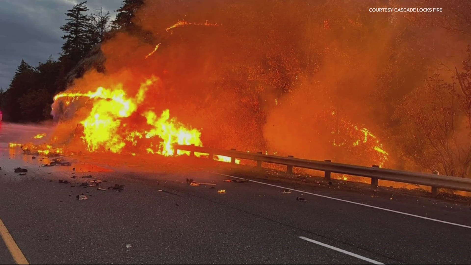 A semi-truck hauling cardboard bales caught on fire and "quickly spread into the wildland," Cascade Locks Fire and EMS said.