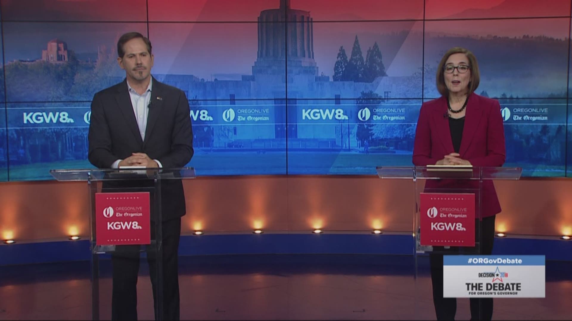 Rep. Buehler says he doesn't approve of President Trump's leadership. Gov. Brown says Trump stomps on Oregon's values. Debate aired on KGW on Oct. 9, 2018.