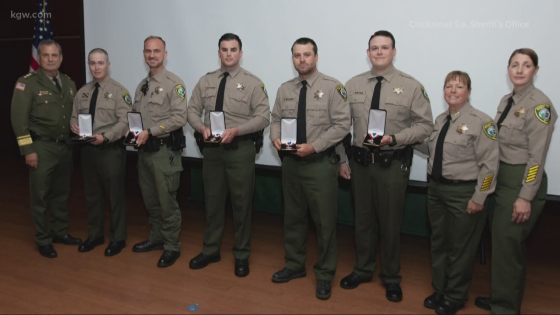 Five Clackamas County Sheriff’s Office deputies were recognized for their heroism after pulling a man to safety after he was shot in the head in November 2018.
