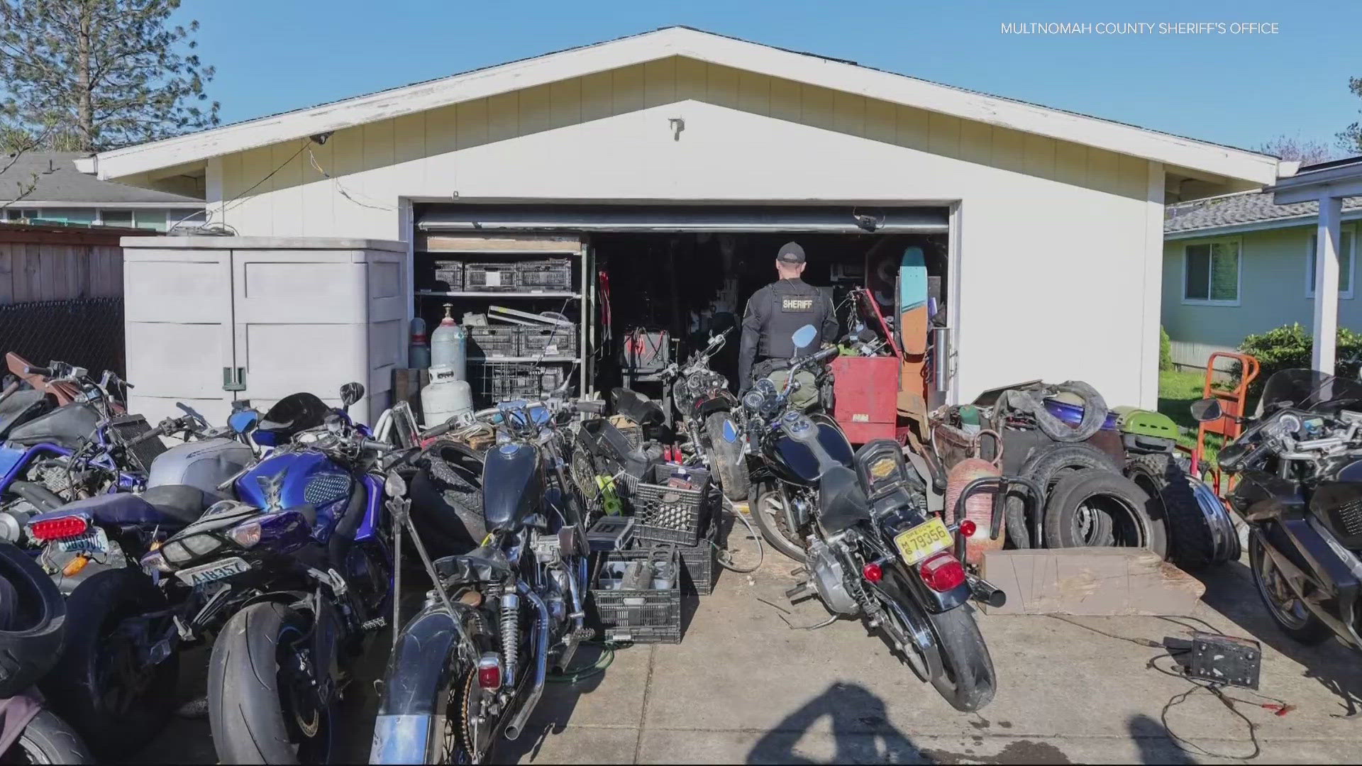 A Troutdale deputy seized what turned out to be a stolen motorcycle, leading to a suspect's arrest and the recovery of stolen motorcycles and prohibited weapons.