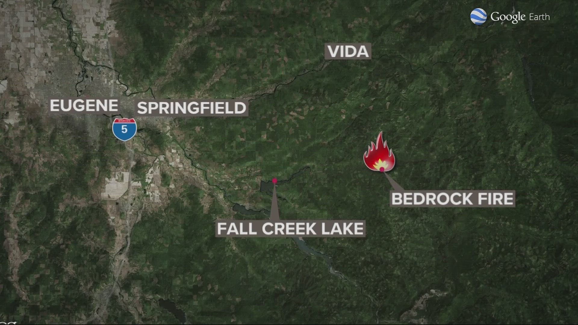 The fire is burning near the Bedrock Campground in the Fall Creek area southeast of Eugene.