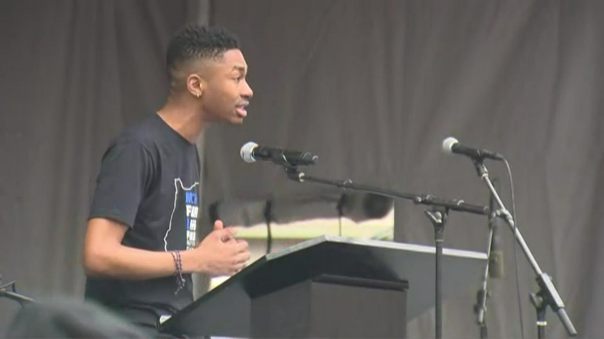 Student organizer Tyler White delivers a spoken word speech at March for Our Lives in Portland.