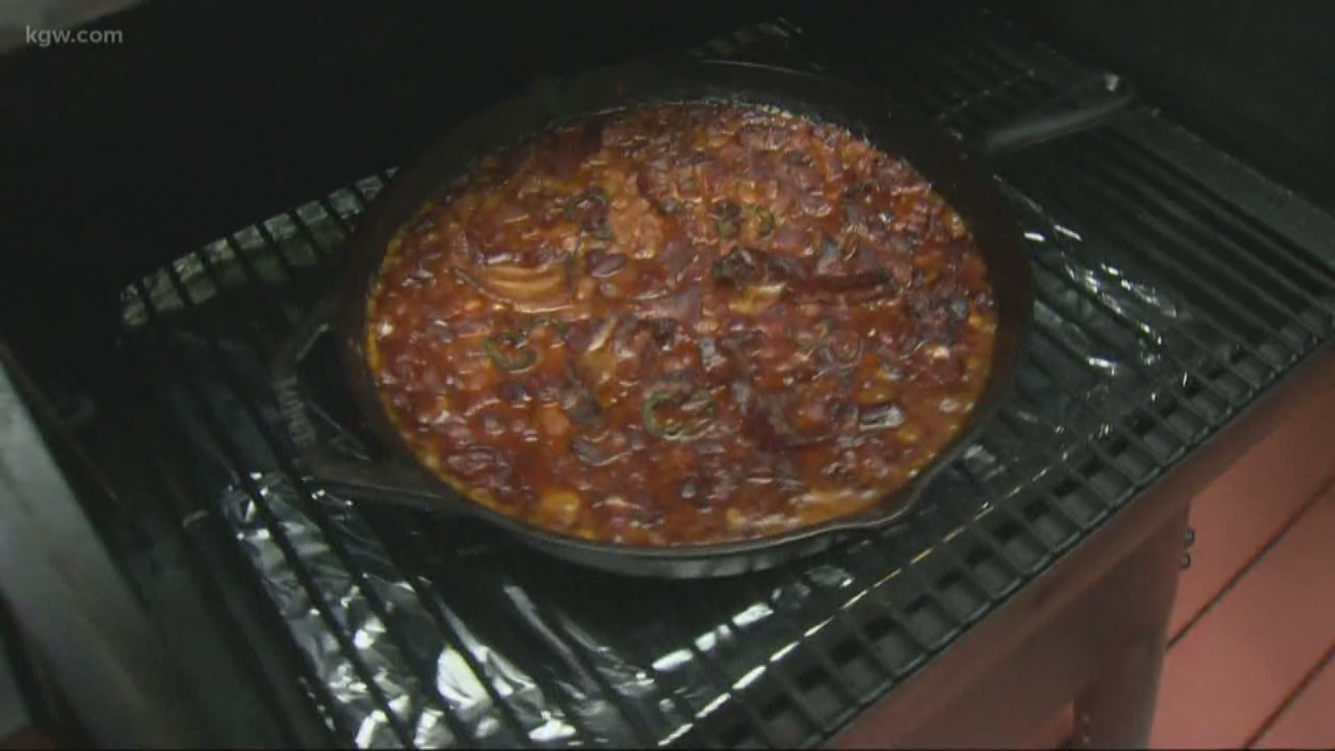 Drew Carney introduces us to Jamie from West Linn, who cooks up barbecue baked beans in a Traeger grill.