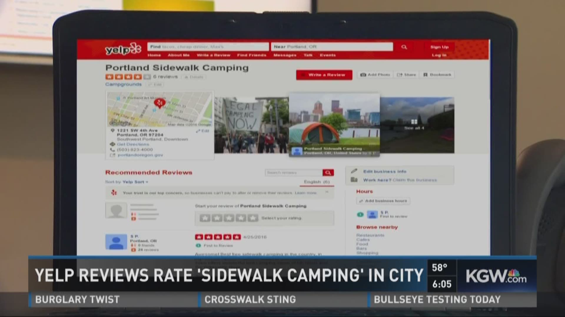 Yelp reviews rate 'sidewalk' camping in city